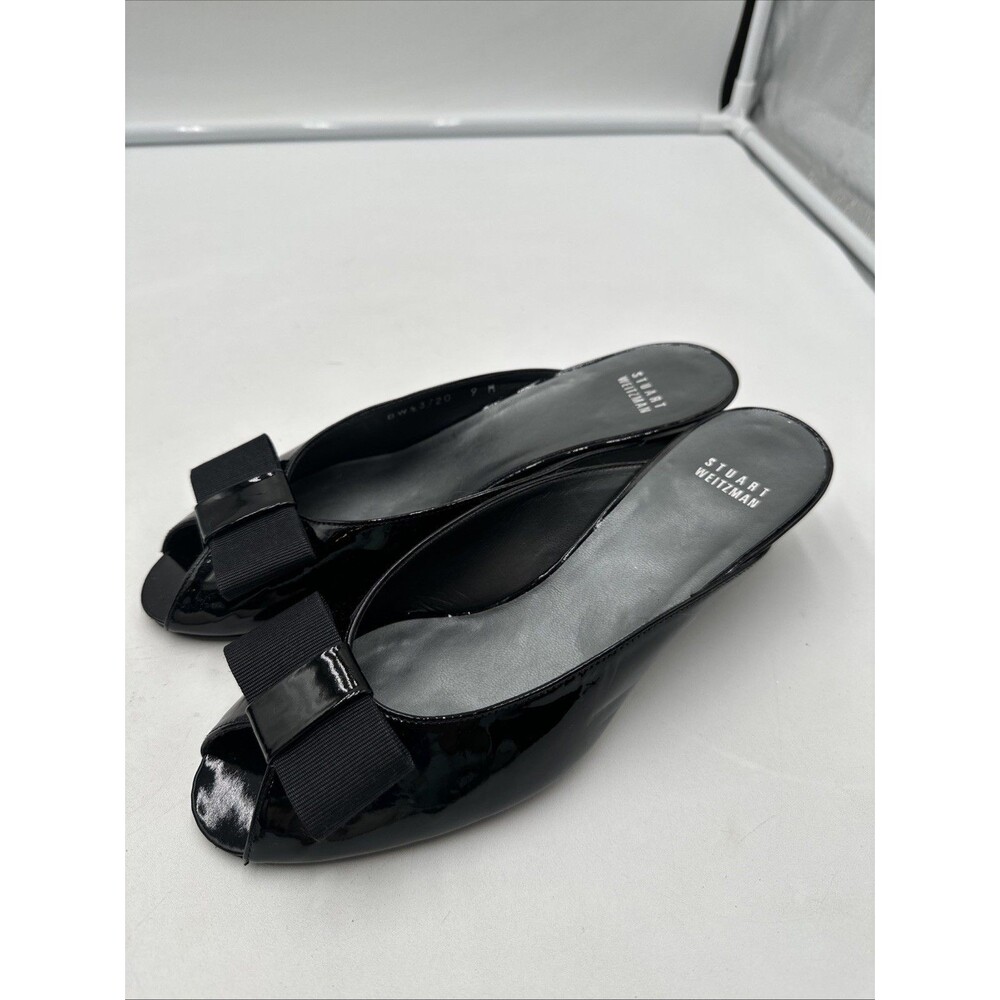 Stuart Weitzman Black Patent Leather "Candy" Slip On Peep Toe Mules 9M